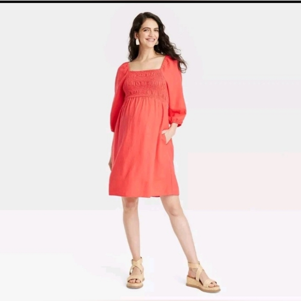 Ingrid Isabel Maternity Dress S Bright Coral Linen Blend Pockets Knee Length